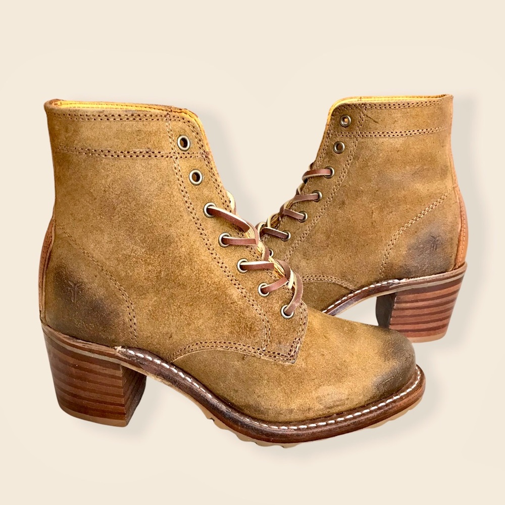 Frye Sabrina 6G Tan Suede/Leather Retro Lace Up Classic Combat Moto Ankle Boots - Picture 15 of 16